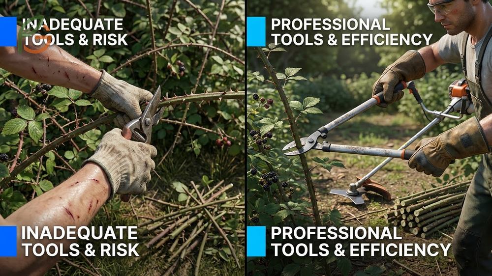 Tools for removing blackberry bushes include heavy duty loppers and mattocks to cut through tough woody root crowns.