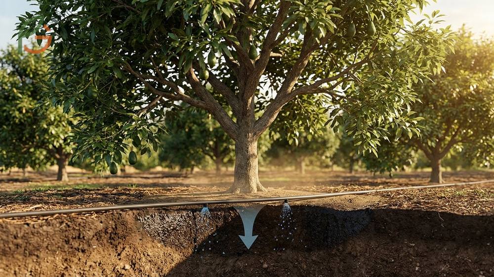 Watering avocado trees using the soak and dry method to ensure deep root penetration without causing rot.
