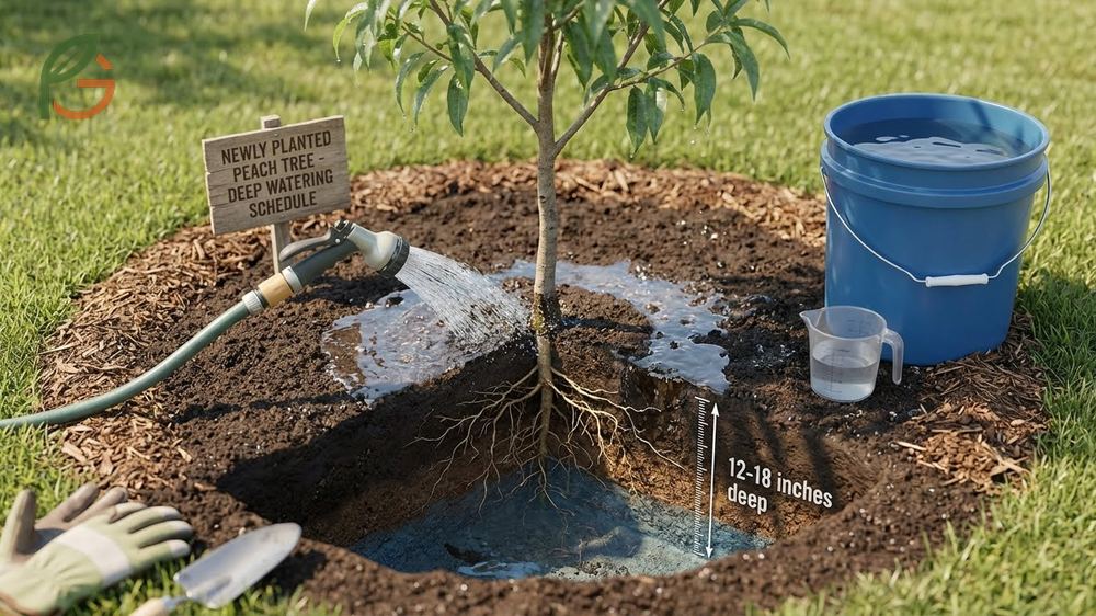 How often to water newly planted peach trees requires providing ten gallons every other day for root establishment.
