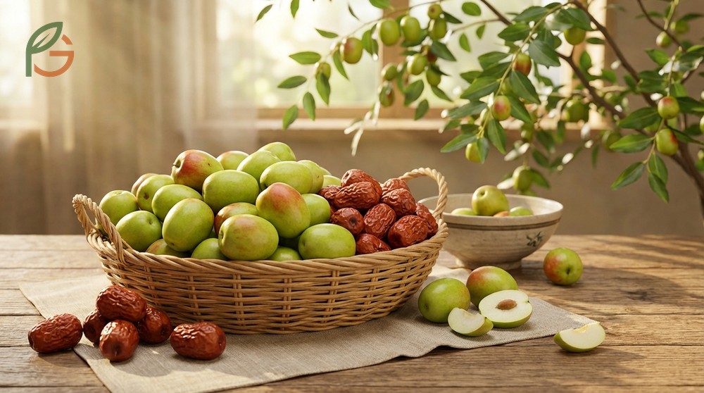 Jujube fruit grows on drought-tolerant trees native to China and produces small oval fruits that transition from green to reddish-brown when ripe for fresh eating.