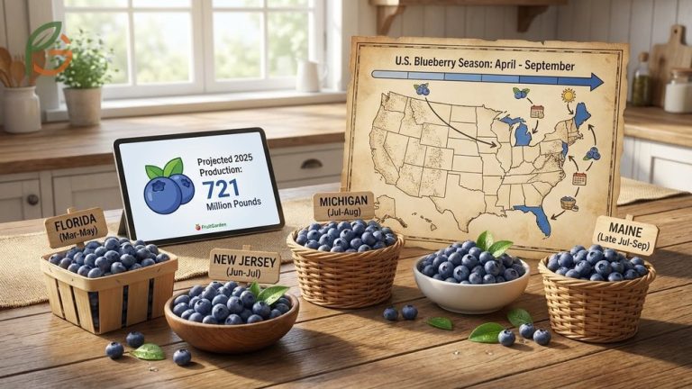 When are blueberries in season guide for US states covering harvests from March through September with 721 million pounds production.