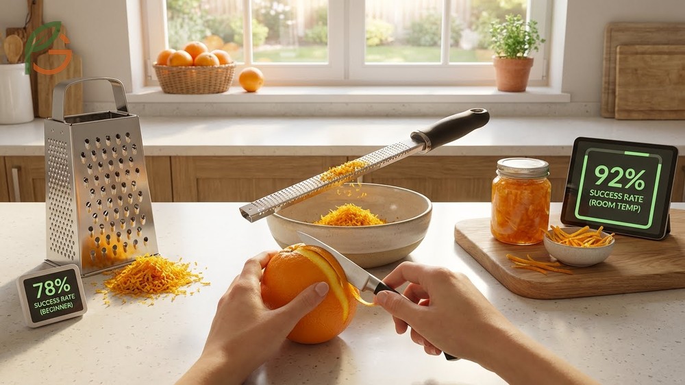 Zesting orange technique using a box grater delivers fine zest while a vegetable peeler creates wide strips for garnishes.