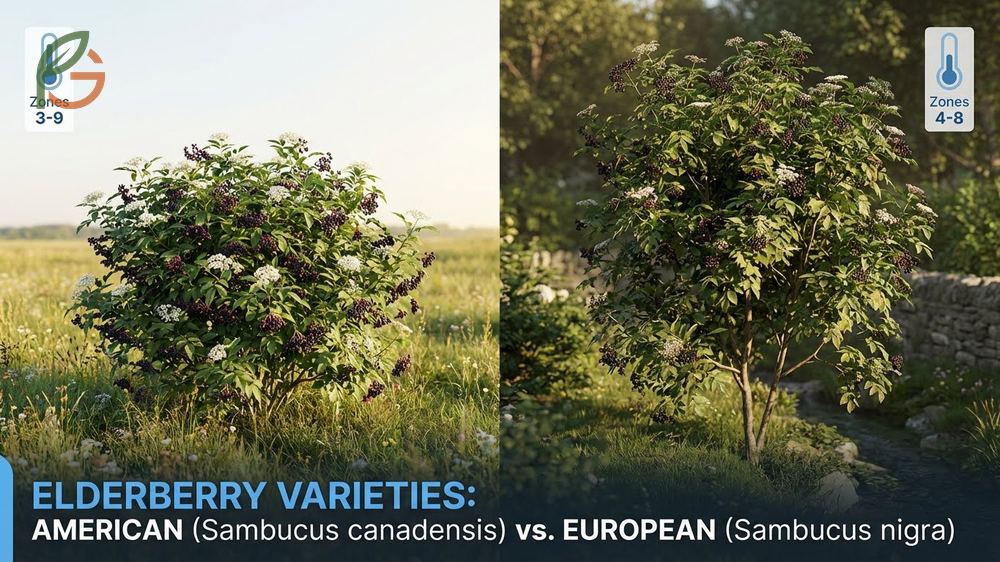 Elderberry varieties including American and European species suitable for different growing zones.