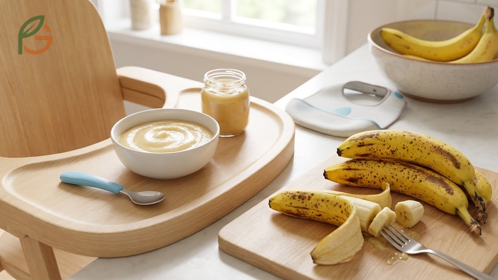 Mashed banana puree for babies providing essential vitamins like folate and potassium.