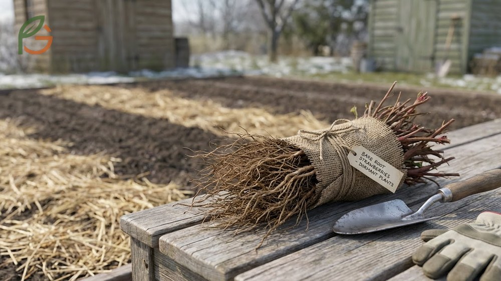 Bundles of dormant bare root strawberry plants showing exposed roots and crowns before planting.