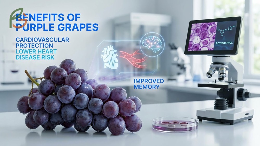 Benefits of purple grapes including cardiovascular protection and reduced cholesterol levels from resveratrol.