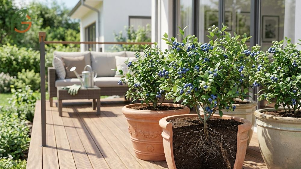 Blueberry plants in pots thrive in containers on patios or balconies where in-ground planting is limited.