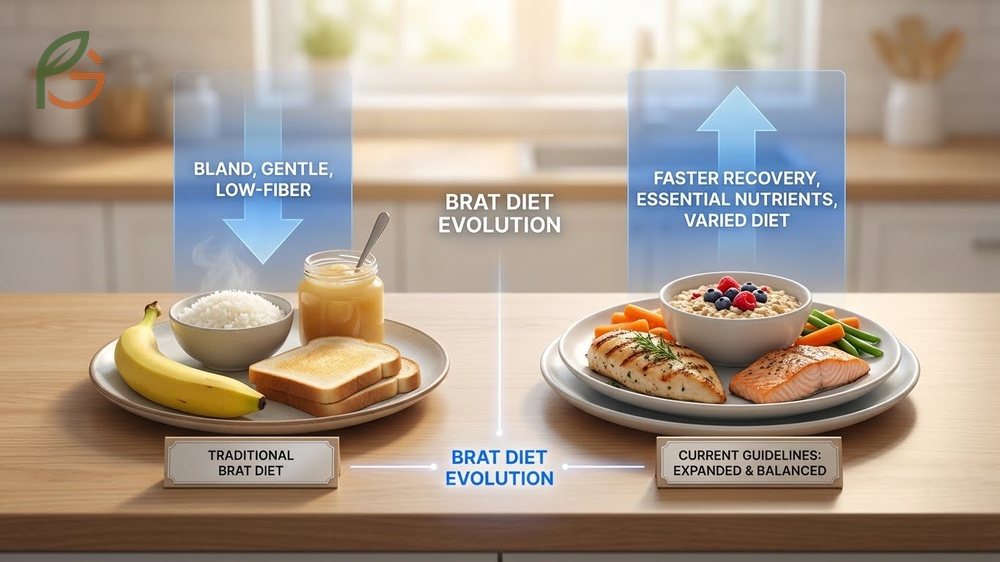 BRAT diet foods list essentials featuring bananas rice applesauce and toast as gentle options for upset stomachs.