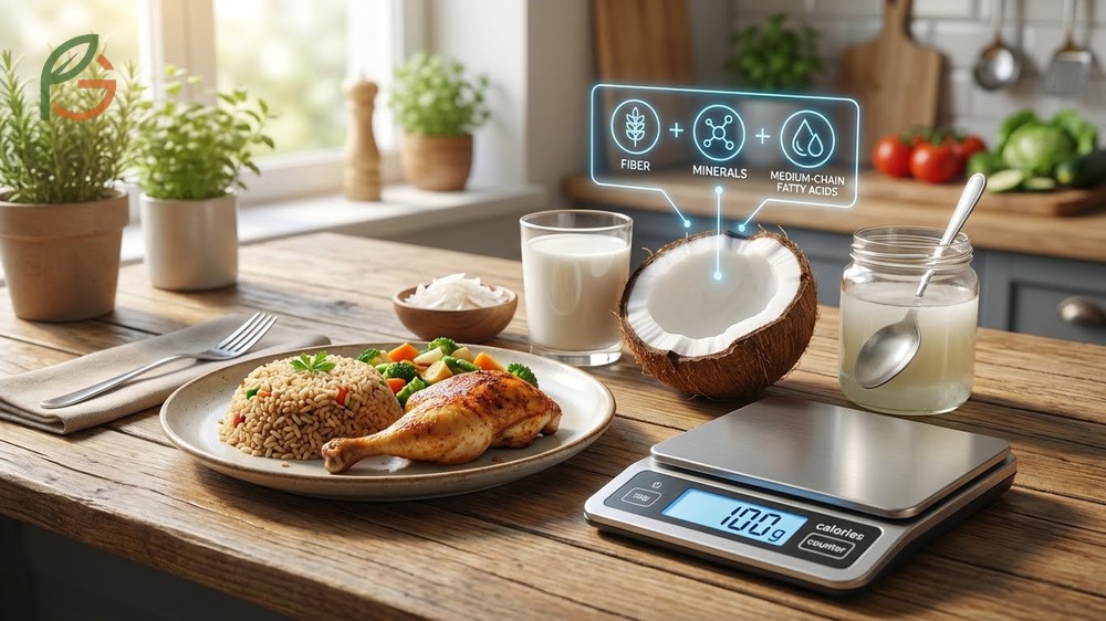 Is coconut good for you analysis of nutritional value showing high fiber and manganese content in fresh meat.