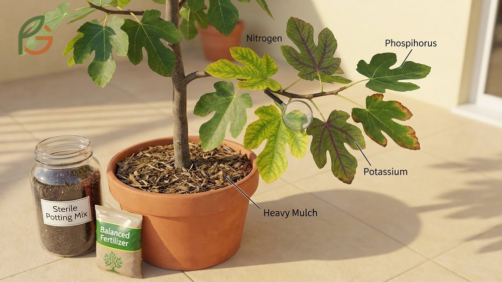 Common problems with potted figs such as yellowing leaves often result from poor drainage.