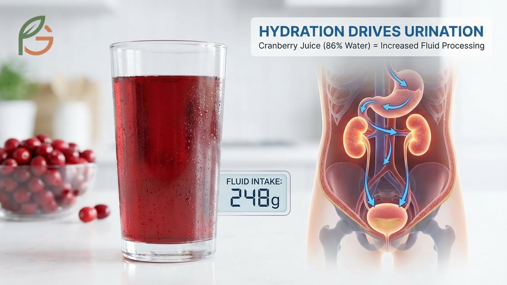 Does cranberry juice make you pee explanation focusing on 248 grams of fluid per 8 ounce serving that kidneys process within hours.
