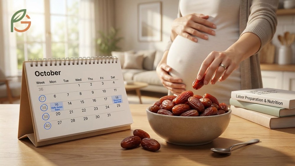 Dates in third trimester should be consumed consistently from week 36 to support cervical changes and prostaglandin effects.