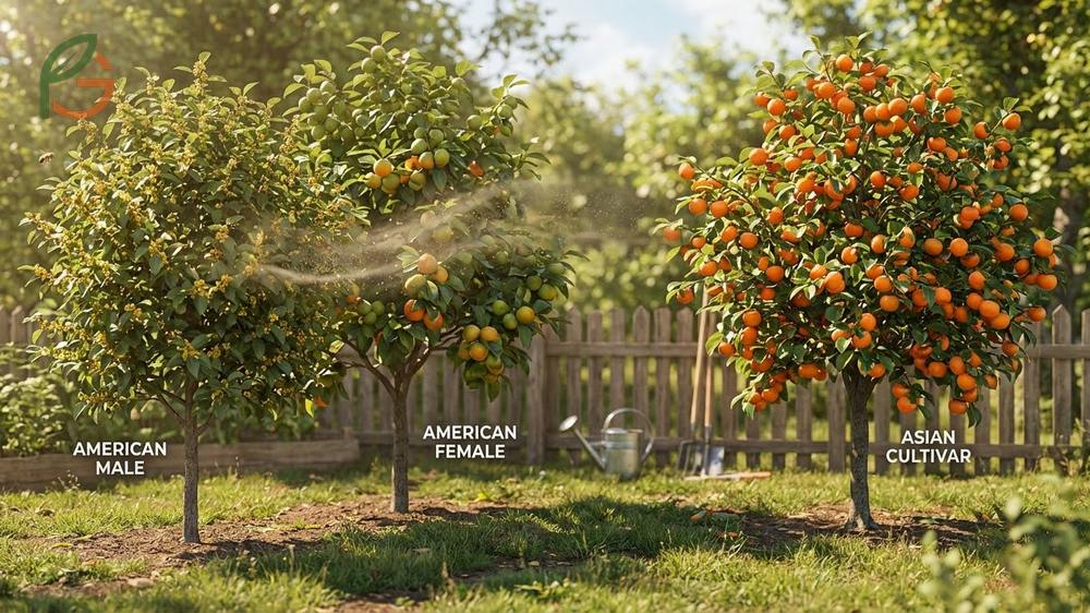 A single self fertile Asian persimmon tree laden with fruit showing no need for a second pollinator.