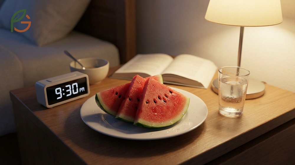Benefits of eating watermelon at night include satisfying sweet cravings with just 30 calories per 100g.
