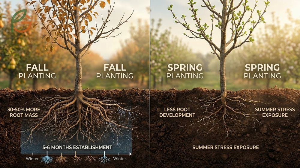 Fall vs spring planting comparison showing root mass growth differences.