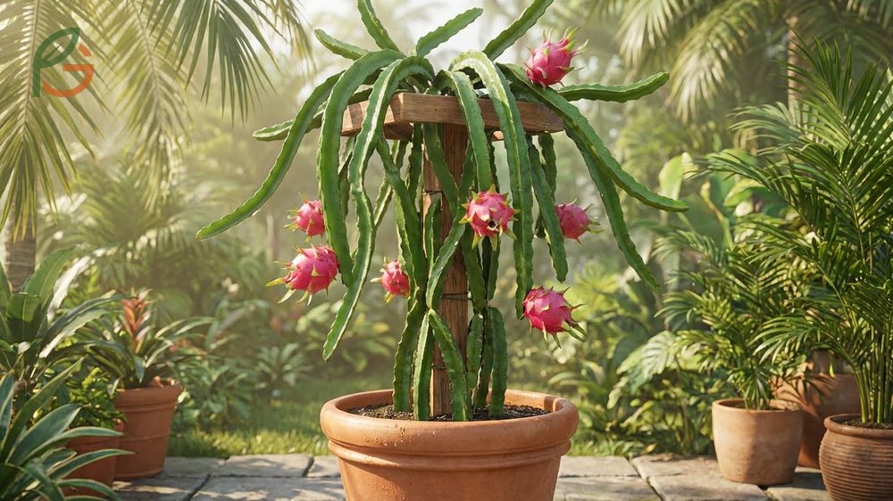 Growing dragon fruit in pots is effective when using shallow containers that accommodate the 36-inch root spread.