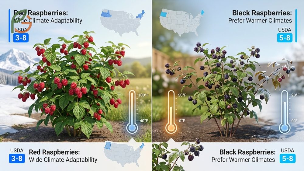 Growing habit differences where red raspberries thrive in zones 3 to 8 and black varieties prefer zones 5 to 8.