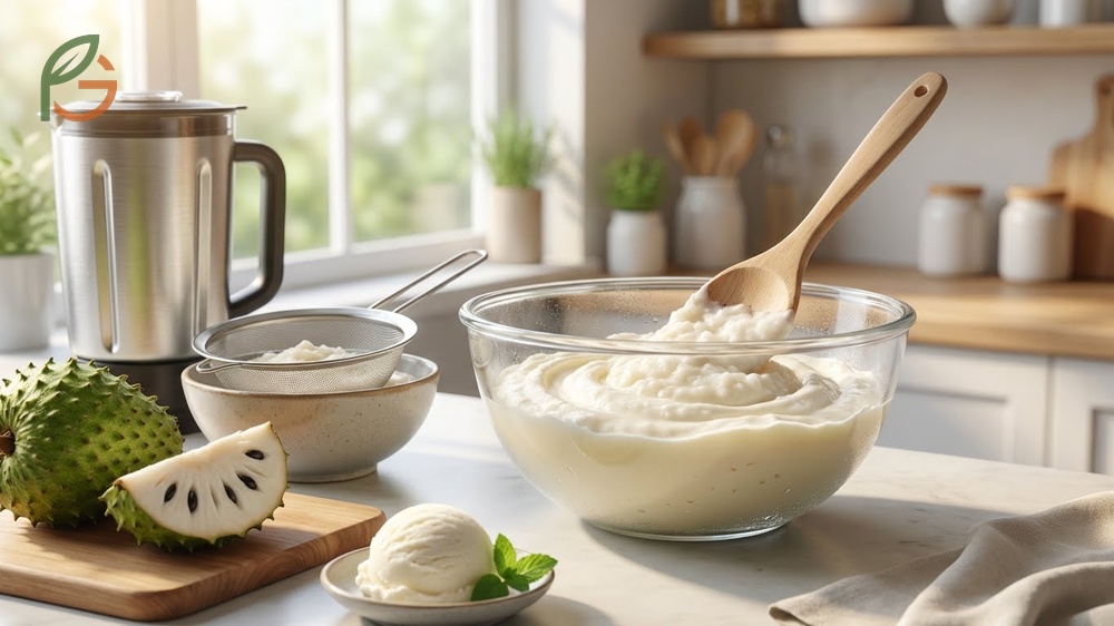 Soursop ice cream recipe combining 2 cups of puree with cream and freezing for at least 4 hours.