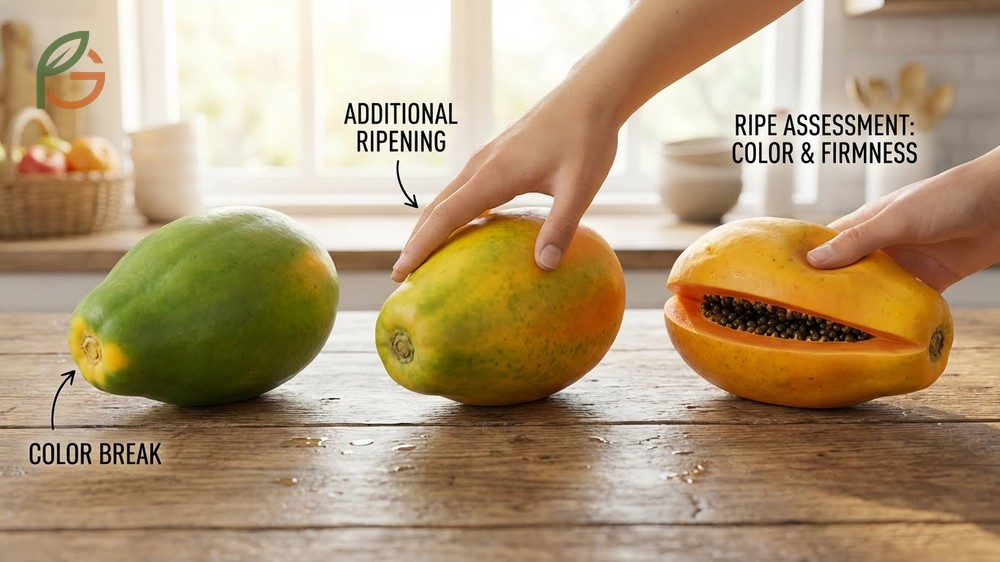 How to tell if papaya is ripe by observing color changes from green to yellow orange over several days.