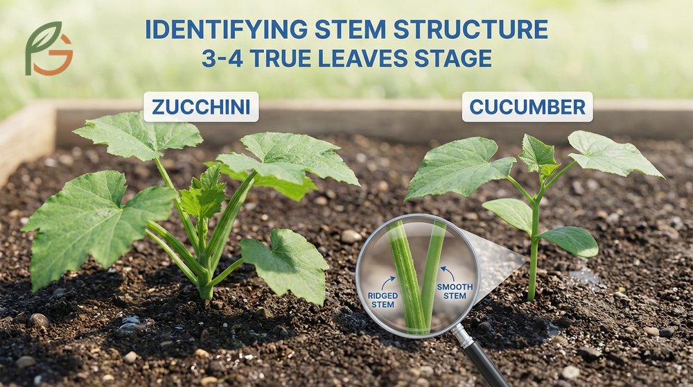 Identifying zucchini plants relies on checking for five-sided stems versus the round and spiny stems found on cucumber vines.