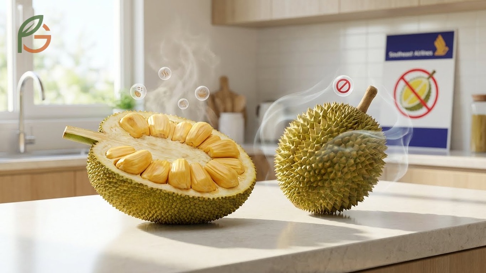 Jackfruit vs durian smell analysis contrasting the sweet aroma of jackfruit with the pungent sulfur scent of durian.
