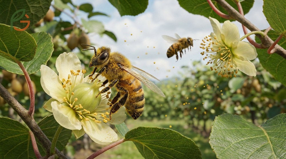 Kiwi pollination process demonstrating how bees transfer pollen from male to female flowers for fruit set.