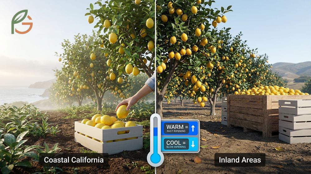 Lemon harvest timing chart showing regional differences between coastal and desert growing zones.