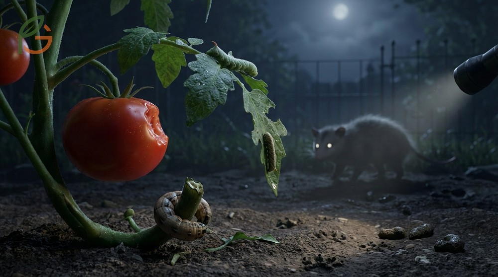 Nocturnal pests like cutworms and opossums attacking tomato plants under the cover of darkness.