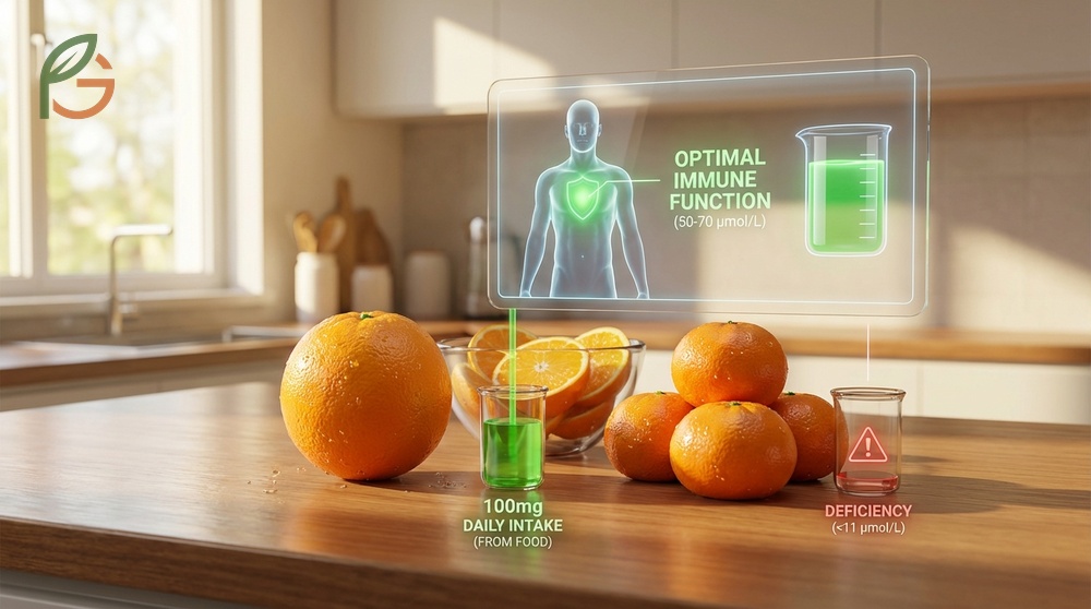 Vitamin C levels in plasma are optimized with daily intake of 100mg from fresh citrus sources like oranges.