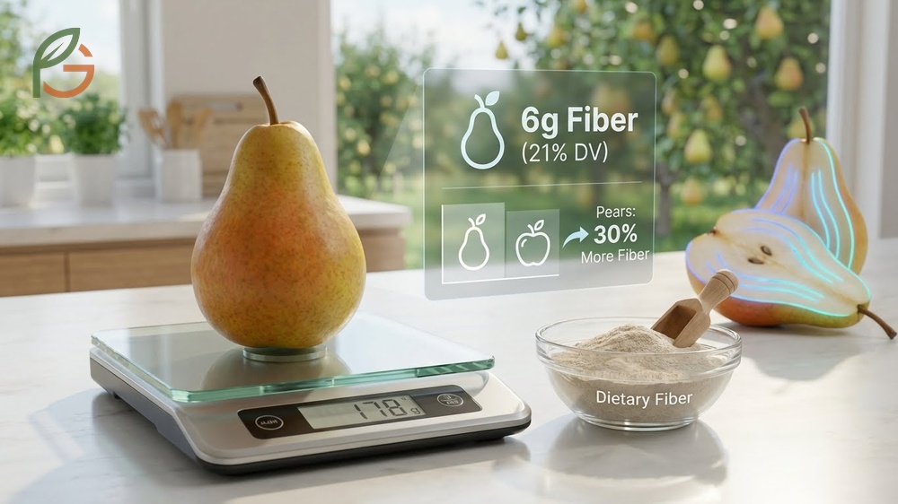 Pears fiber content breakdown showing 21 percent of daily needs and comparison to apples for density.