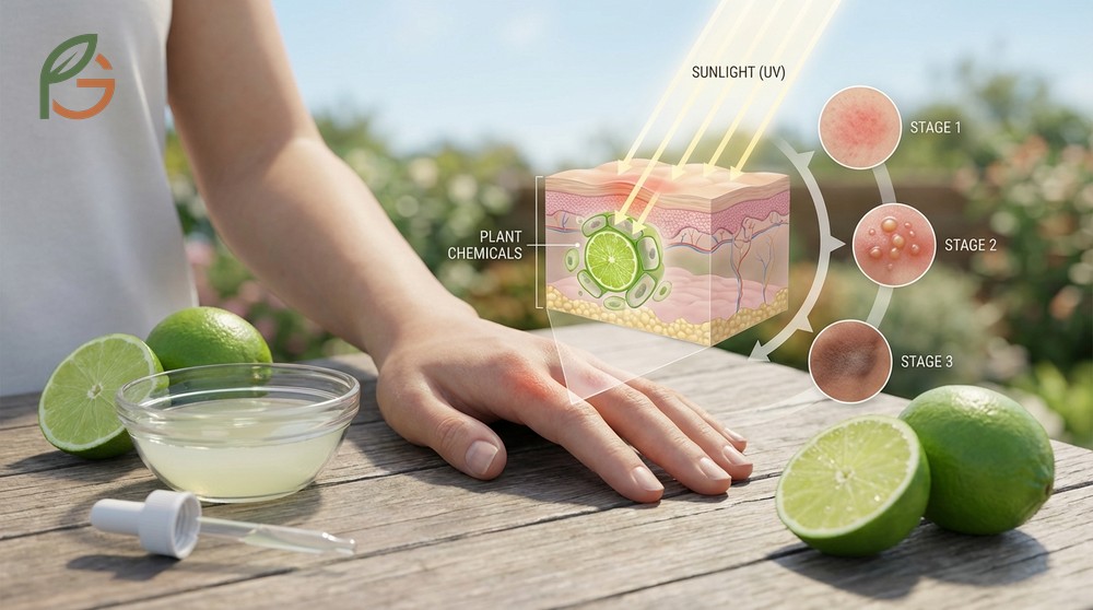Phytophotodermatitis from lime juice showing progression from redness to blisters and lasting hyperpigmentation.
