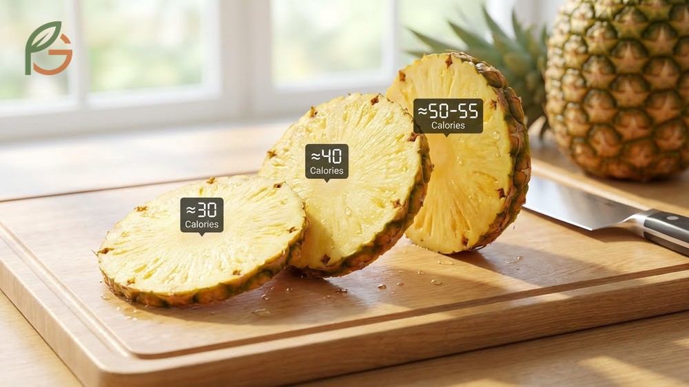How many calories in pineapple slices varies by thickness with standard rings containing 40 calories.