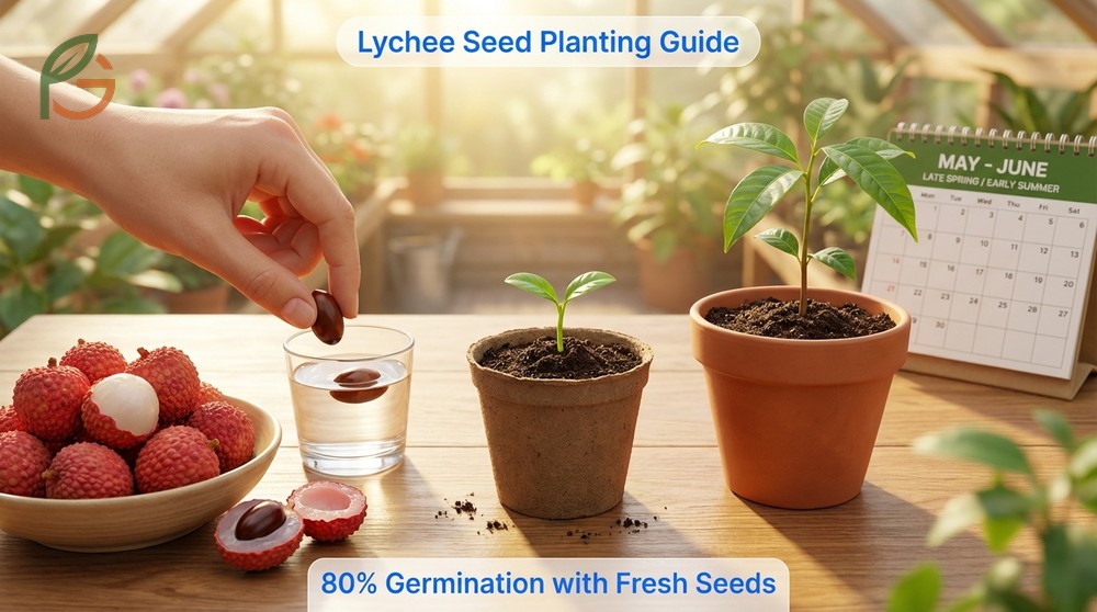 Planting lychee seeds 1 inch deep in acidic soil immediately after rinsing them clean.