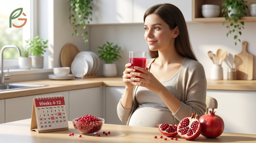 Pomegranate in the first trimester helps manage nausea and provides critical folate for neural tube development during early weeks.