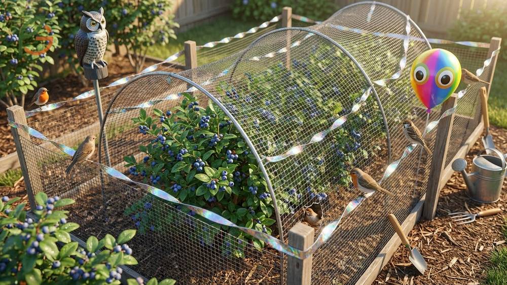 How to protect blueberry bushes from birds involves installing elevated netting frames before feeding patterns establish.