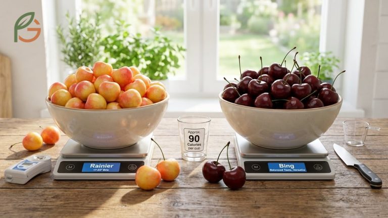 Rainier vs Bing cherries comparison highlighting the yellow skin and higher sugar content of Rainiers versus dark red Bings.