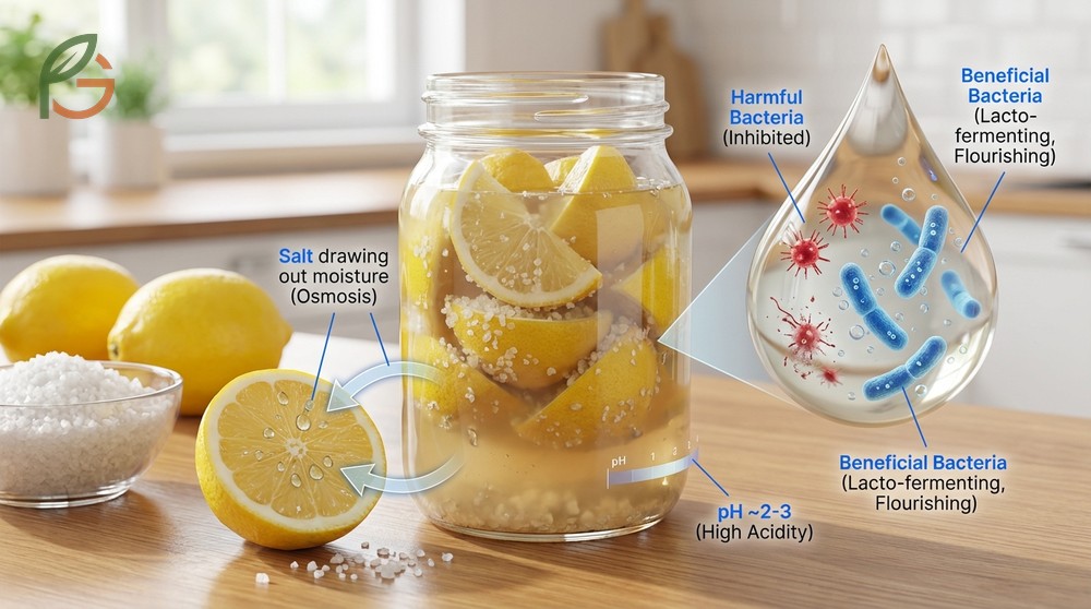 Salt preserved lemons process relying on twenty percent salinity to create safe and probiotic rich condiments.