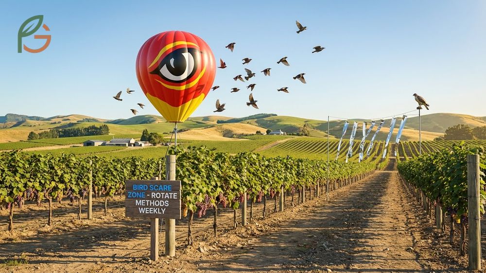 Scare tactics birds deterrents featuring reflective tape and predator balloons positioned to reduce damage by 55 percent.