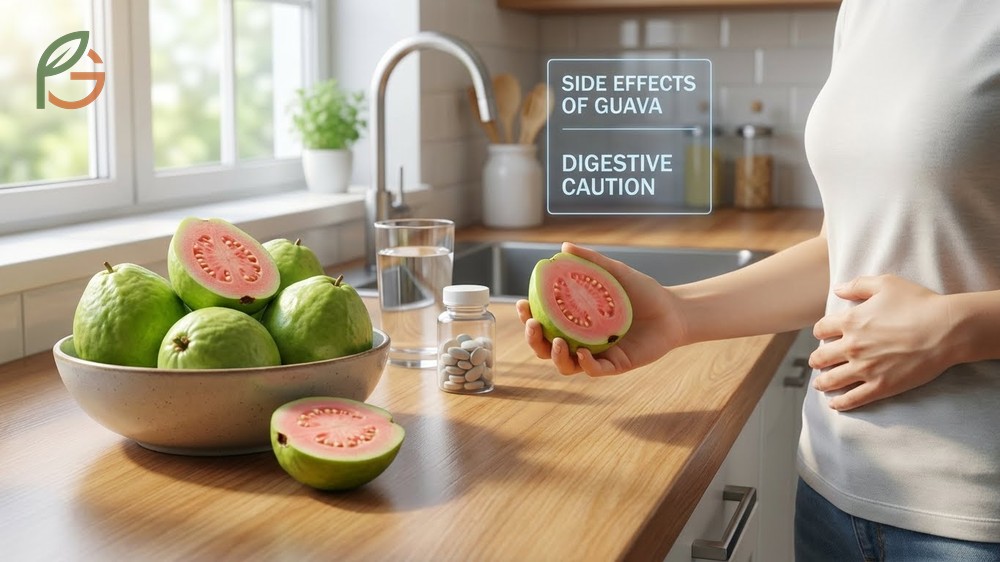 Potential side effects of guava include digestive discomfort from high fiber if consumed in excessive amounts.