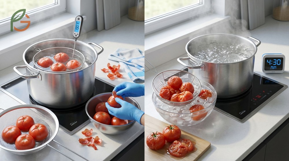 Troubleshooting peeling problems like mushy tomatoes by reducing blanching time by 10 to 15 seconds.