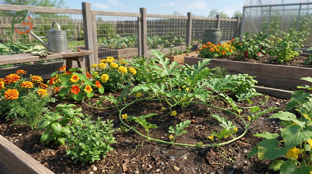 Watermelon companion planting layout suggests spacing marigolds 8 to 10 inches apart around the patch perimeter.