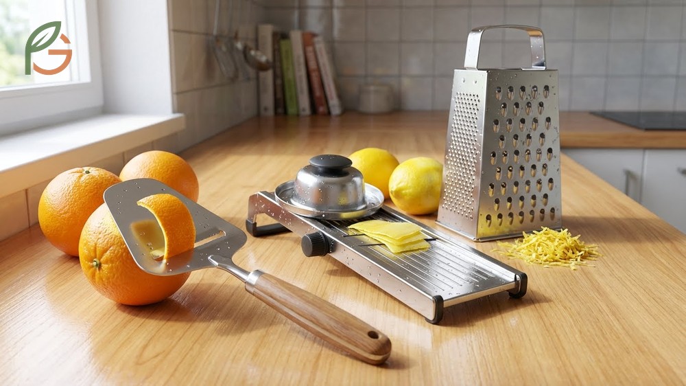 Alternative zesting tools like cheese slicers and mandolines can substitute for dedicated zesters when preparing citrus peels.