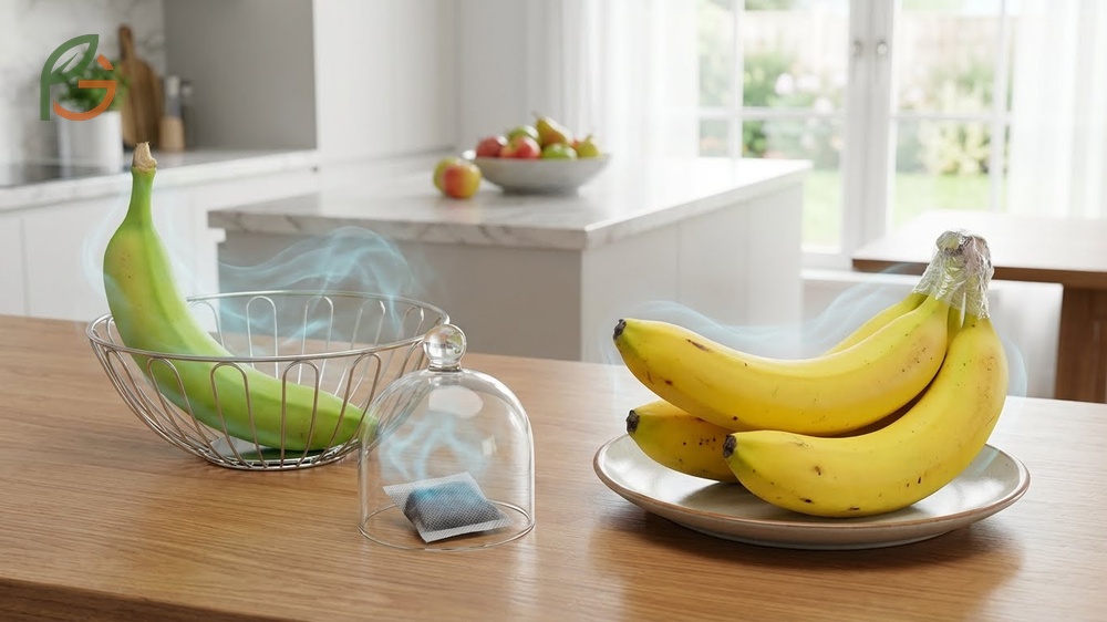 Preserving bananas by wrapping stems in plastic prevents ethylene gas release and extends freshness by 5 days.