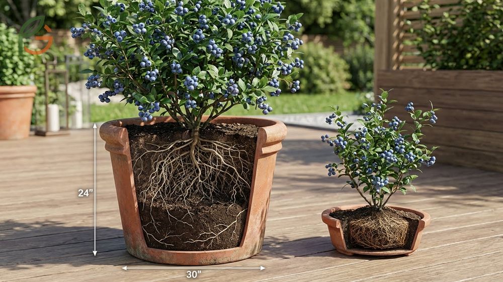 Best container size for blueberries involves using pots at least 24 inches deep for optimal root growth.