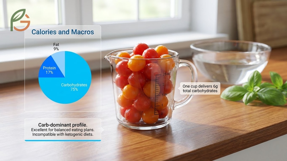 Calories and macros in cherry tomatoes show they are primarily carbohydrates with minimal fat.