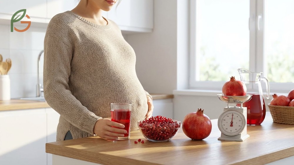 Pregnant women can safely consume 8 ounces of pomegranate juice daily starting from the second trimester for optimal health benefits.