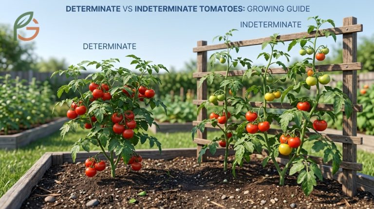 Determinate vs indeterminate tomatoes growing guide comparing bush varieties with vining types for garden planning.