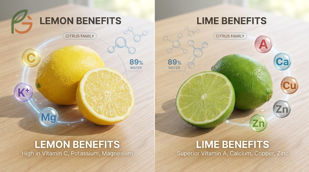 Lemons provide 53mg of vitamin C per 100g while limes offer distinct nutritional benefits like vitamin A.