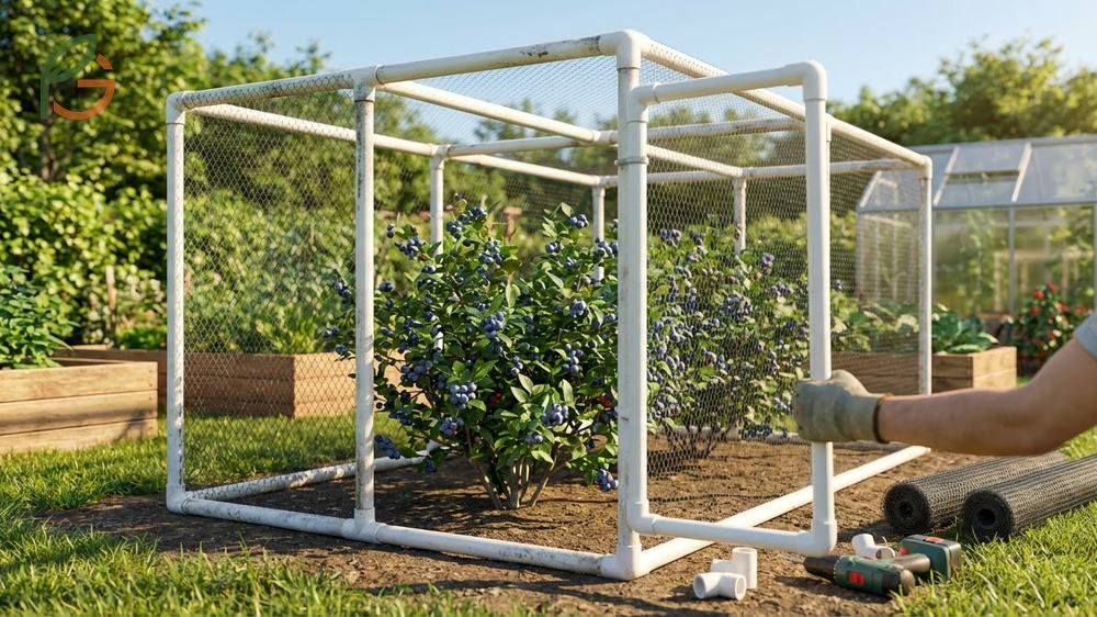 DIY blueberry cage construction using PVC pipes offers a durable solution for protecting bushes up to 6 feet tall.