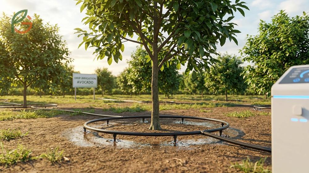 Drip irrigation avocado system setup showing emitter placement for efficient water delivery to the root zone.